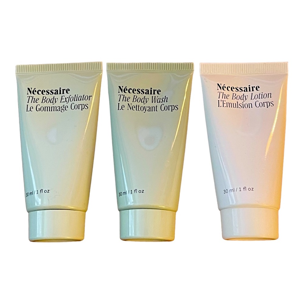 Nécessaire Body Travel Size Bundle Body Exfoliator, Body Wash & Body Lotion New